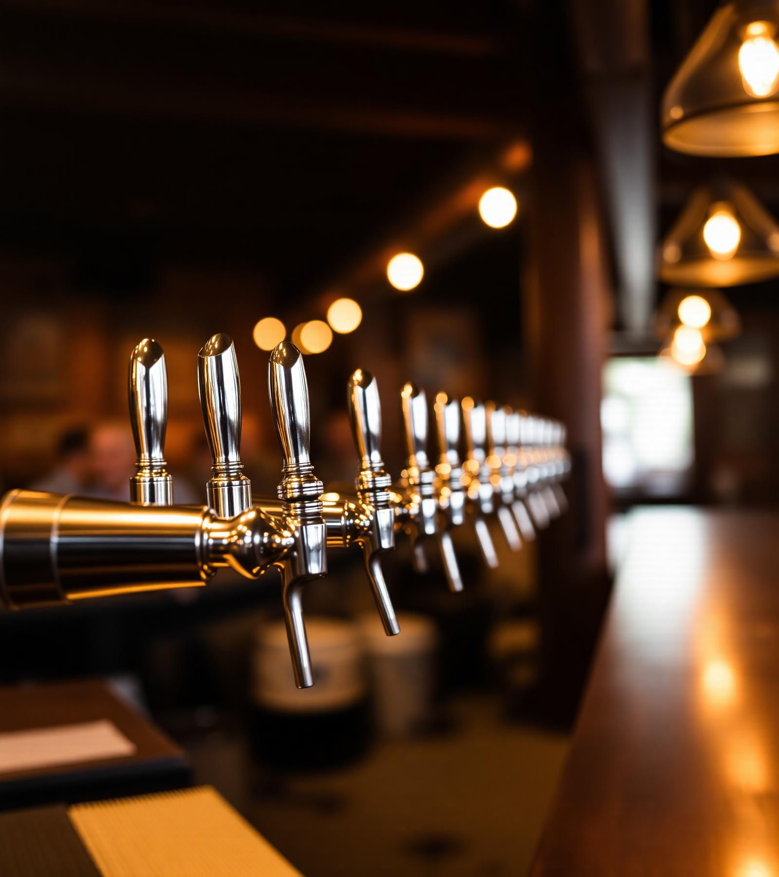 Row of stainless steel beer taps at the Red Buffalo Brewing Co. taproom bar
